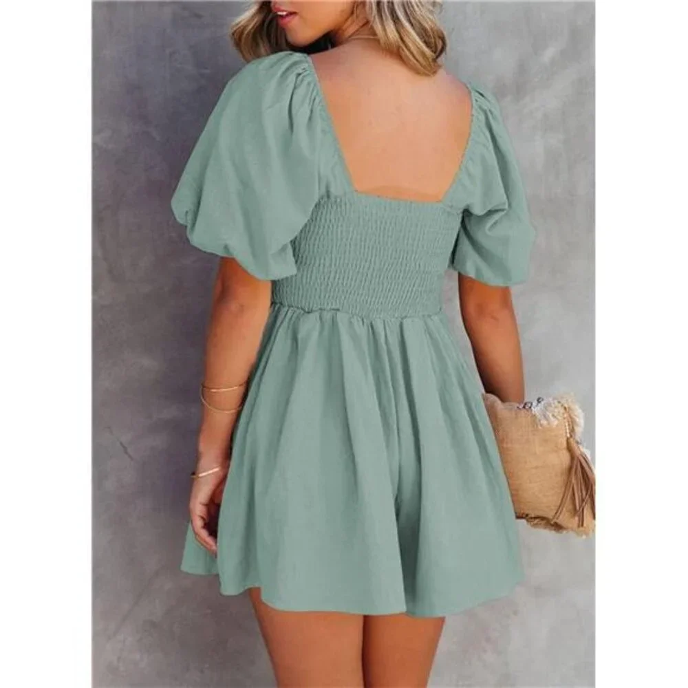 Women's Romper Cute Puff Sleeve Elastic Summer Mini Short Romper Jumpsuit - Picture 3 of 6